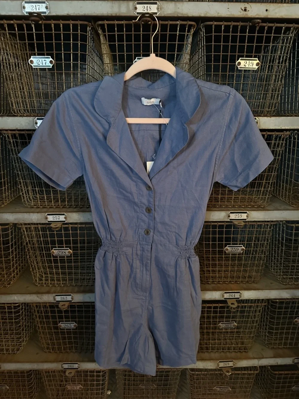 New! Onia Denim Blue Camp Collar Linen Playsuit Romper XS NWT 38620